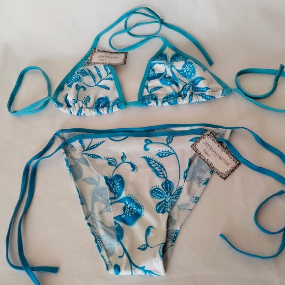 Tropical Bikini 2 Piece Triangle Top Tie Side Design Blue Hawaiian Flower Large - Picture 2 of 11